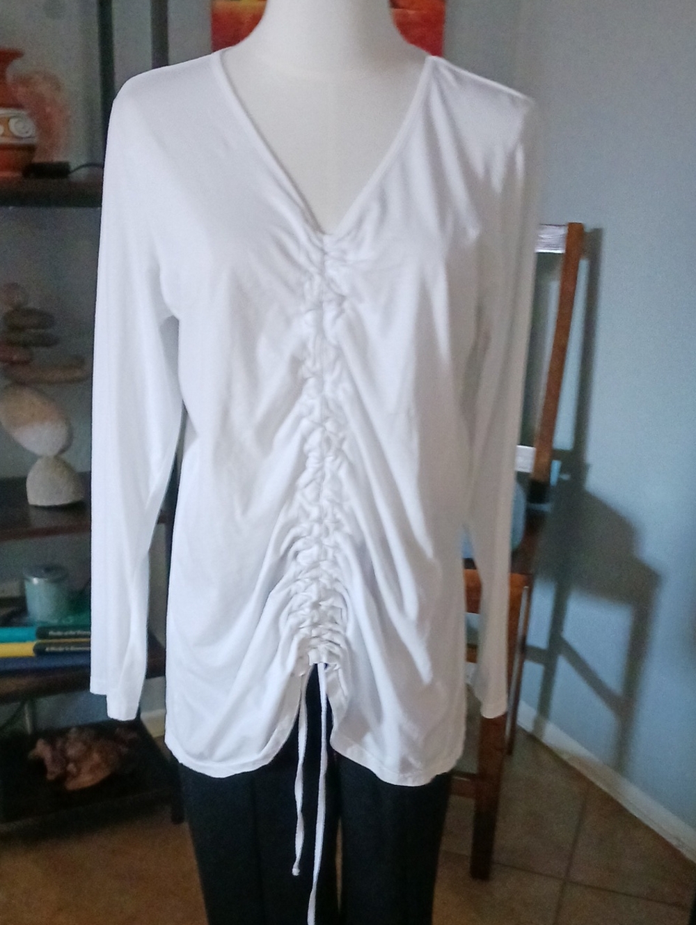 XCVI Wearables- Women’s Boho White Ruched Front Long-Sleeve Top